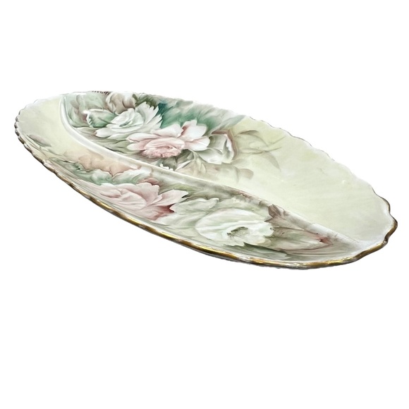 HAND PAINTED FLORAL PORCELAIN DIVIDED OVAL RELISH DISH - VINTAGE 1960s - Picture 10 of 16
